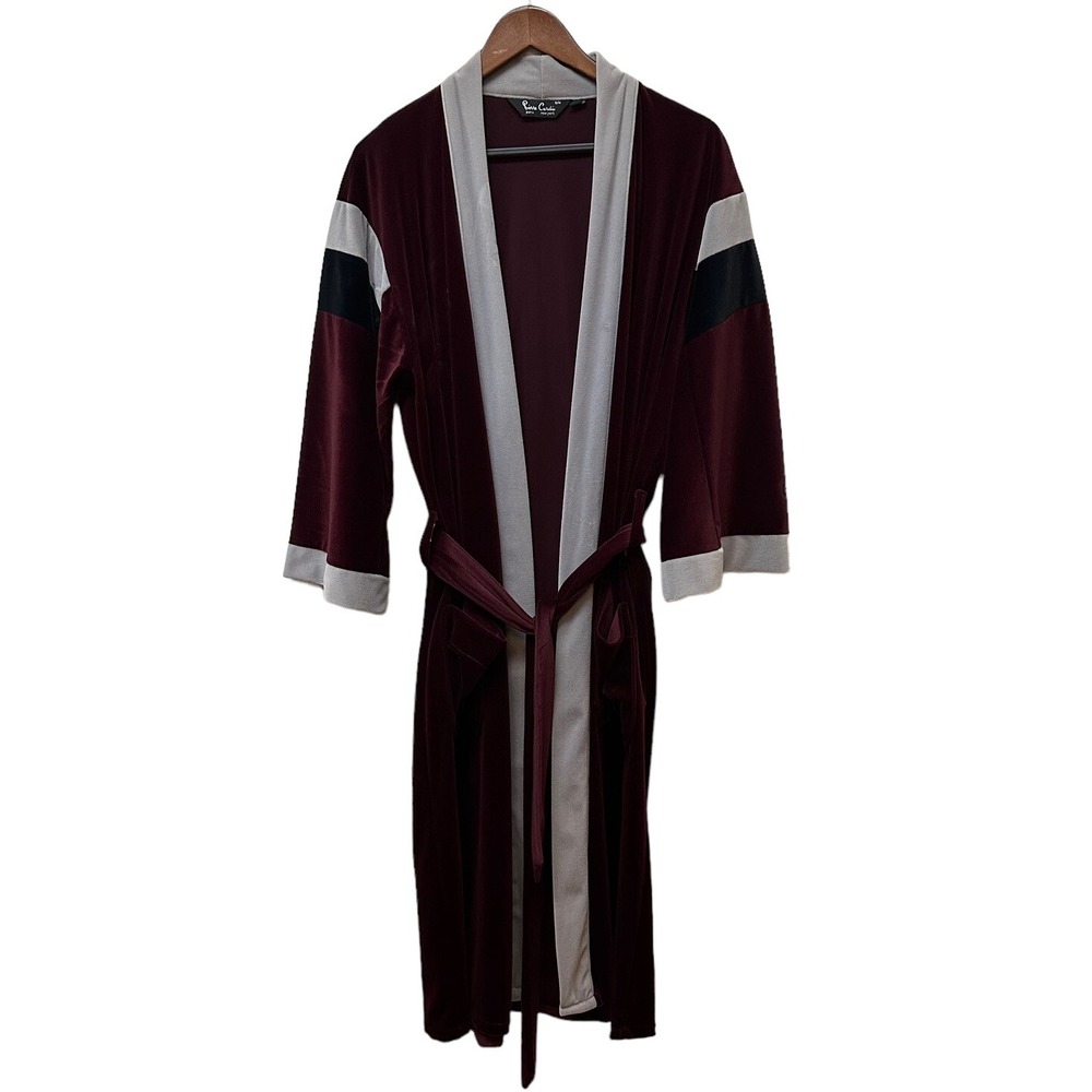 Pierre Cardin Vintage Burgundy Velvet Colorblock Wrap Robe Made in USA S/M